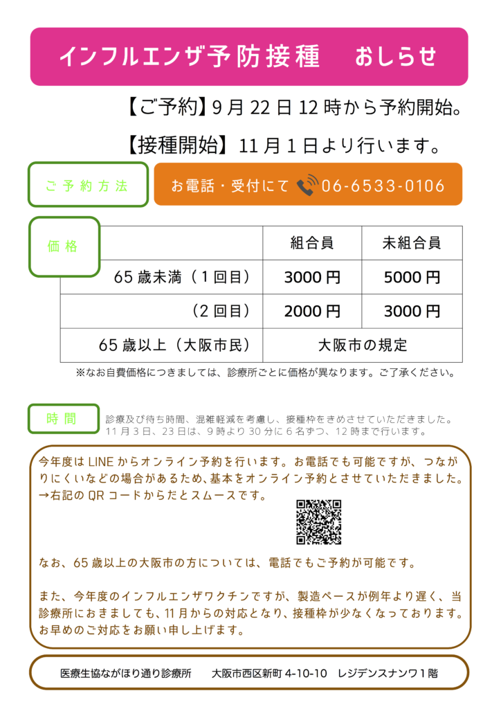 ながほり通り診療所 インフルエンザワクチンのご予約について 大阪きづがわ医療福祉生協